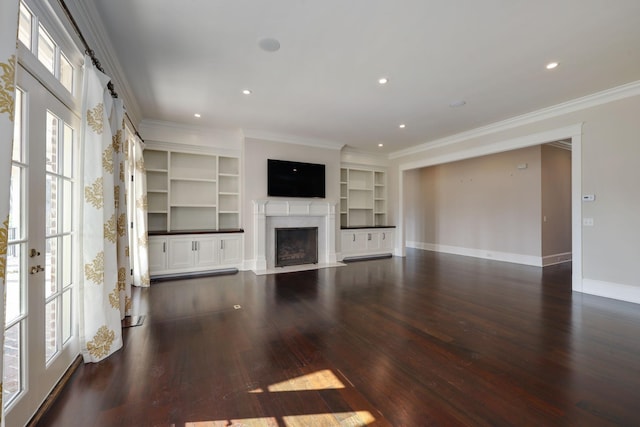 6021 Jocelyn Hollow Rd, Nashville, TN 37205 - unfurnished living room with crown molding, recessed lighting, a high end fireplace, dark wood-style floors, and baseboards