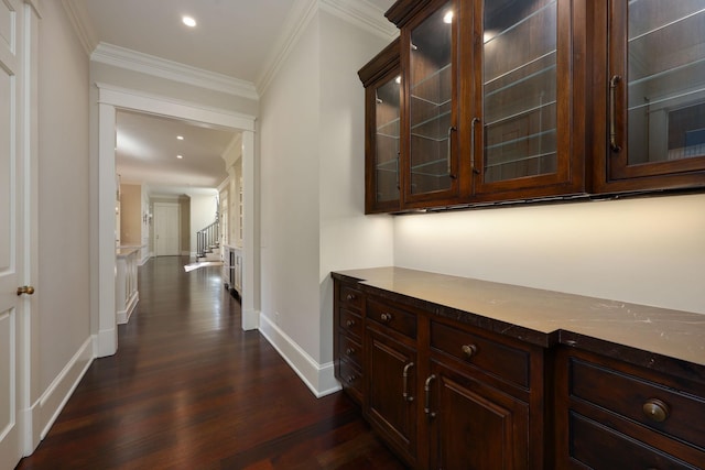 6021 Jocelyn Hollow Rd, Nashville, TN 37205 - corridor featuring crown molding, baseboards, recessed lighting, and dark wood-type flooring