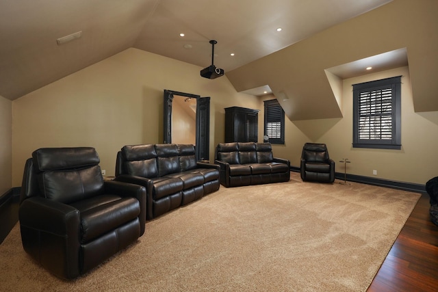 6021 Jocelyn Hollow Rd, Nashville, TN 37205 - cinema room featuring recessed lighting, baseboards, wood finished floors, and lofted ceiling