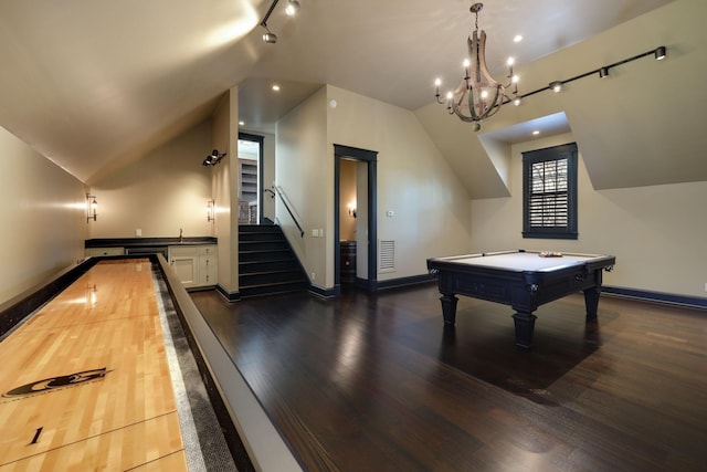 6021 Jocelyn Hollow Rd, Nashville, TN 37205 - recreation room featuring pool table, baseboards, wood finished floors, and lofted ceiling