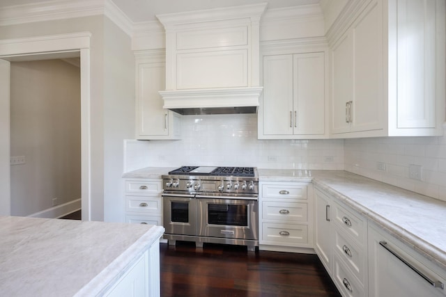 6021 Jocelyn Hollow Rd, Nashville, TN 37205 - kitchen featuring ornamental molding, white cabinetry, backsplash, dark wood-type flooring, and double oven range