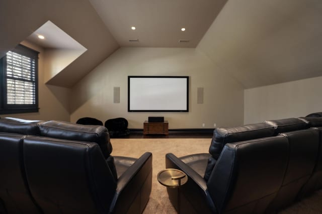 6021 Jocelyn Hollow Rd, Nashville, TN 37205 - carpeted home theater room featuring visible vents, recessed lighting, and vaulted ceiling