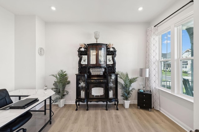 interior space with baseboards, light wood finished floors, and a wealth of natural light