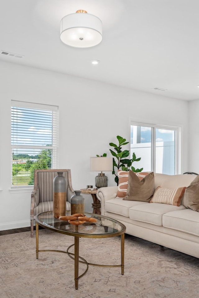 living room featuring baseboards and visible vents