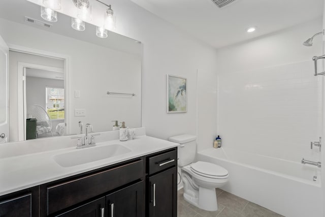 ensuite bathroom with toilet, bathtub / shower combination, ensuite bath, vanity, and tile patterned flooring