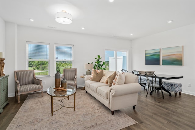 living area with baseboards, recessed lighting, and wood finished floors
