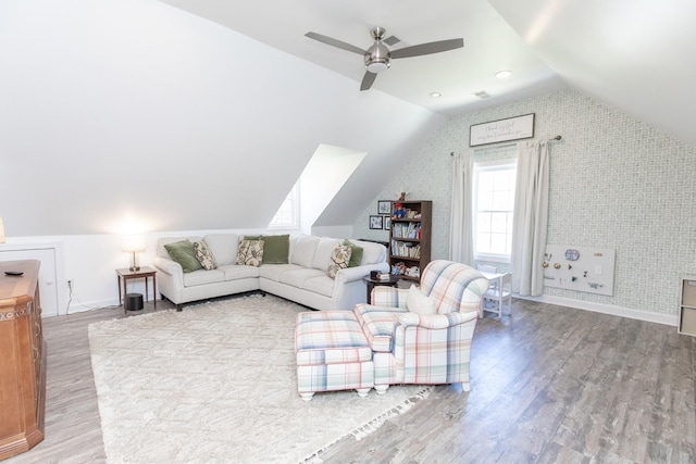 1411 Newmans Trl, Hendersonville, TN 37075 - living room with lofted ceiling, wood finished floors, ceiling fan, and baseboards