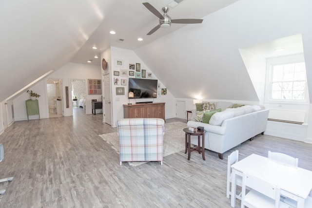 1411 Newmans Trl, Hendersonville, TN 37075 - living room with light wood-style flooring, a ceiling fan, lofted ceiling, baseboards, and recessed lighting