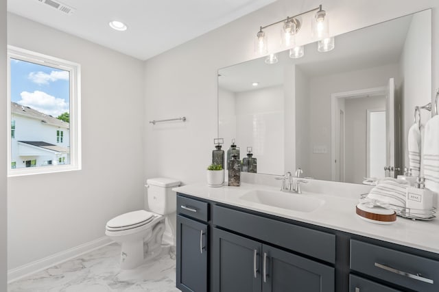 bathroom featuring baseboards, recessed lighting, toilet, visible vents, and marble finish floor