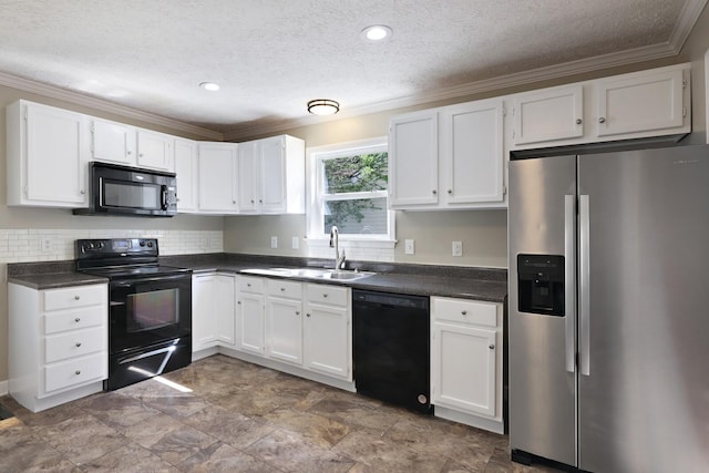 kitchen with white cabinets, a sink, black appliances, and dark countertops