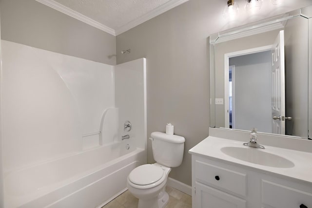 full bath with a textured ceiling, vanity, ornamental molding,  shower combination, and toilet