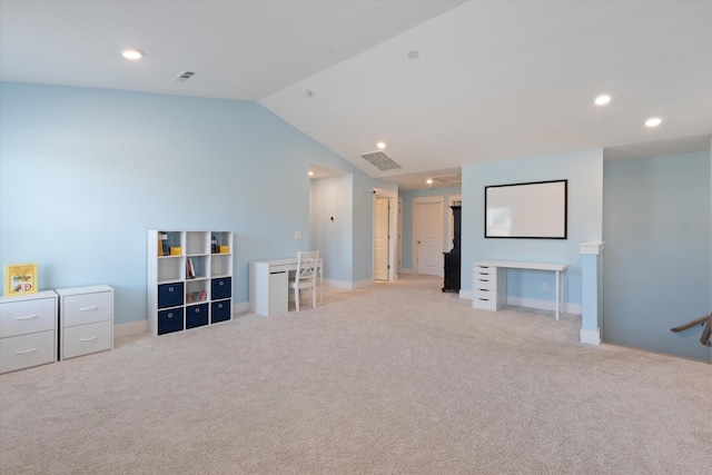 900 Easton Dr, Mount Juliet, TN 37122 - rec room with light colored carpet, visible vents, vaulted ceiling, and recessed lighting