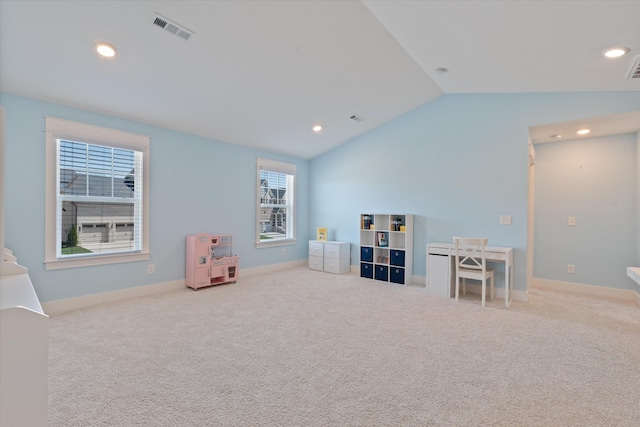 900 Easton Dr, Mount Juliet, TN 37122 - game room with visible vents, recessed lighting, carpet, and lofted ceiling