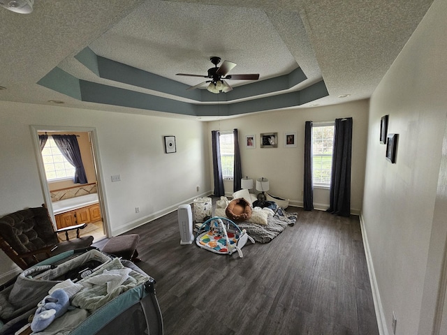 interior space featuring a raised ceiling, a textured ceiling, and multiple windows