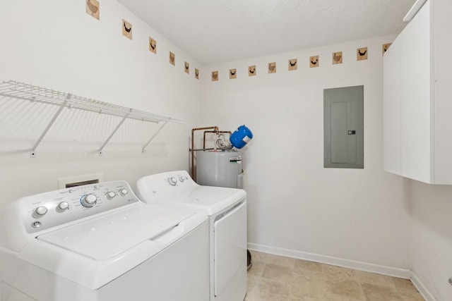 clothes washing area featuring laundry area, electric panel, electric water heater, baseboards, and washing machine and dryer