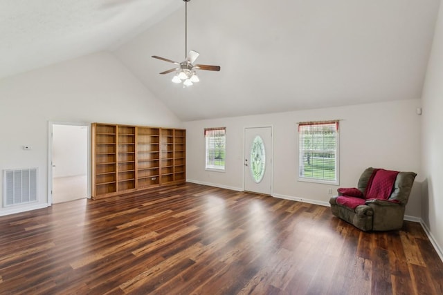 interior space featuring visible vents, baseboards, a ceiling fan, dark wood-type flooring, and high vaulted ceiling