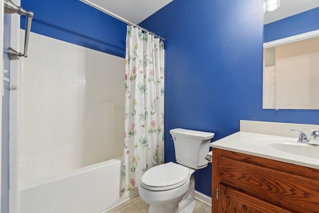 full bath featuring toilet, shower / tub combo with curtain, and vanity