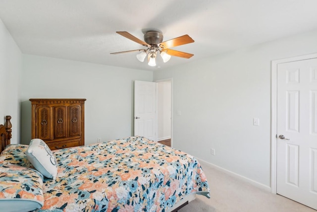 bedroom featuring carpet flooring, ceiling fan, and baseboards