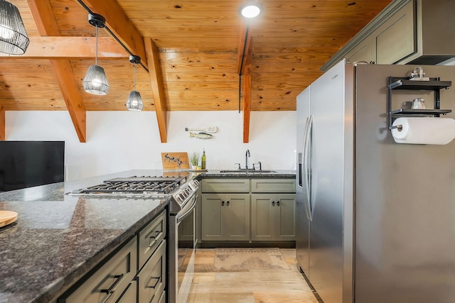825 Hunters Landing Ln, Smithville, TN 37166 - kitchen featuring stainless steel appliances, dark stone countertops, wooden ceiling, a sink, and beamed ceiling