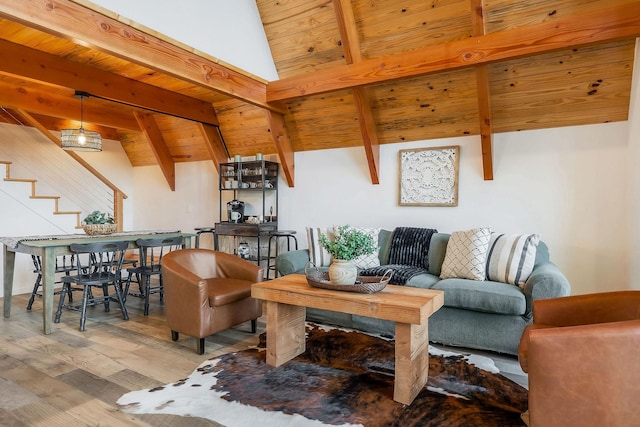 825 Hunters Landing Ln, Smithville, TN 37166 - living room with wood ceiling, wood finished floors, vaulted ceiling with beams, and stairway