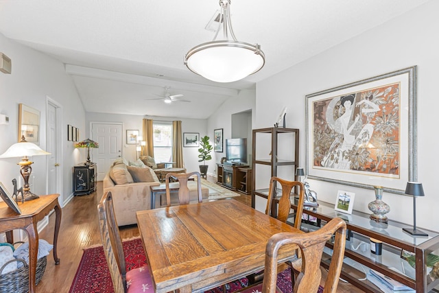 1304 Mallard Dr, Franklin, TN 37064 - dining room featuring ceiling fan, vaulted ceiling with beams, wood finished floors, and baseboards