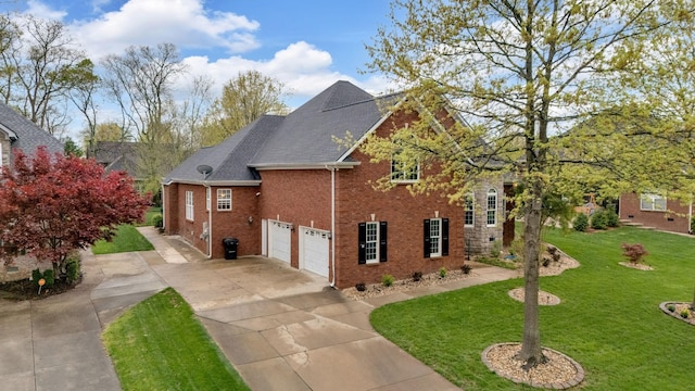 view of property exterior with concrete driveway, a yard, brick siding, and a shingled roof