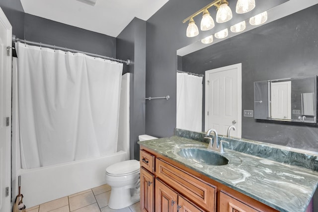 full bath with toilet, vanity, tile patterned flooring, and shower / tub combo with curtain