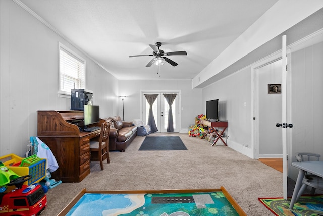 116 Dave Dr, Clarksville, TN 37042 - living room featuring french doors, carpet floors, baseboards, and ceiling fan