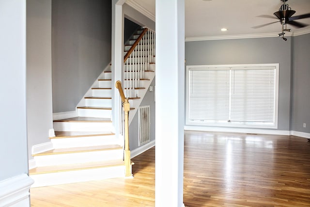 4023 Whites Creek Pike, Whites Creek, TN 37189 - staircase with ornamental molding, wood finished floors, ceiling fan, and baseboards