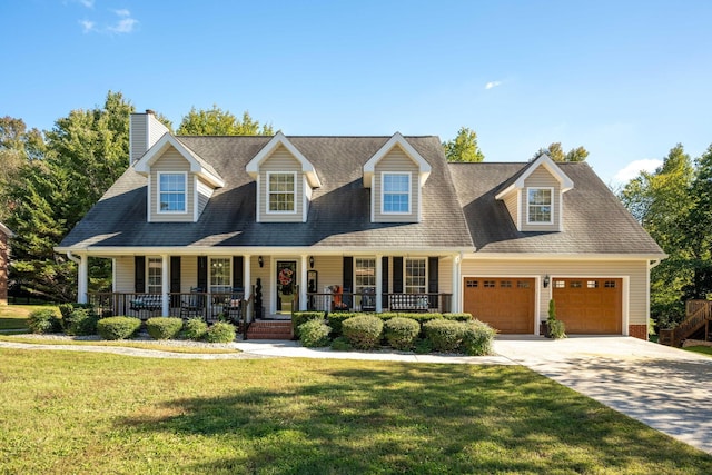 view of front of home featuring a porch, a front lawn, an attached garage, a chimney, and driveway