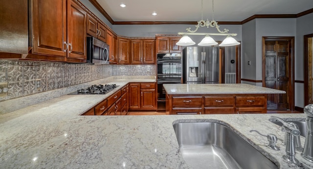 107 Geers Ct, Lebanon, TN 37087 - kitchen with light stone countertops, tasteful backsplash, ornamental molding, a sink, and stainless steel appliances