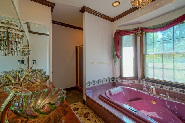 107 Geers Ct, Lebanon, TN 37087 - bathroom with crown molding, a bath, a stall shower, baseboards, and tile patterned floors