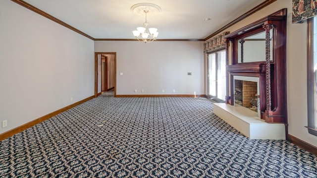 107 Geers Ct, Lebanon, TN 37087 - unfurnished living room with a chandelier, a fireplace with raised hearth, baseboards, and crown molding