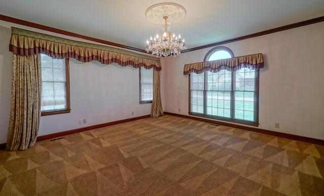 107 Geers Ct, Lebanon, TN 37087 - carpeted empty room with crown molding, visible vents, baseboards, and a chandelier