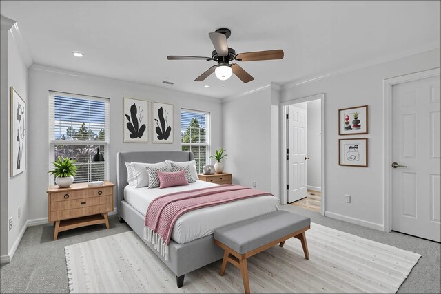 bedroom with visible vents, baseboards, ceiling fan, recessed lighting, and light colored carpet