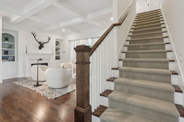1406 Newhaven Dr, Brentwood, TN 37027 - staircase featuring built in features, beamed ceiling, coffered ceiling, and wood finished floors