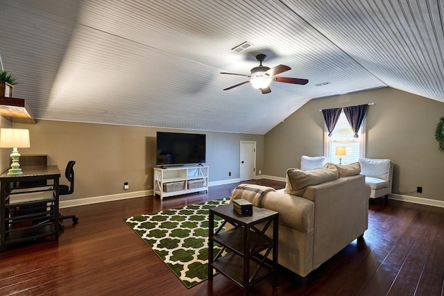 living room with visible vents, baseboards, ceiling fan, wood-type flooring, and lofted ceiling