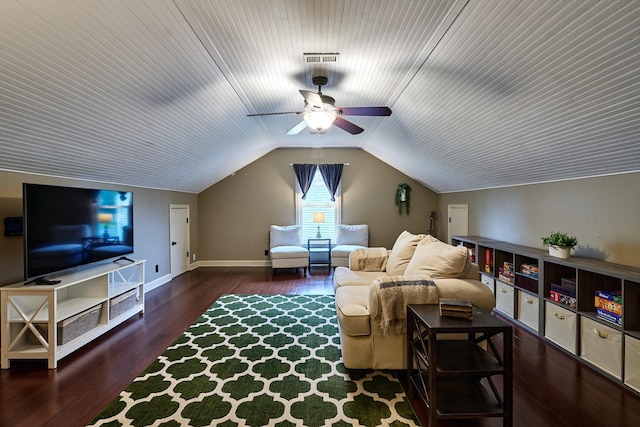 living area featuring baseboards, vaulted ceiling, a ceiling fan, visible vents, and wood finished floors