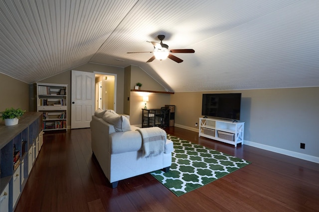 living room with dark wood-style flooring, baseboards, a ceiling fan, and lofted ceiling