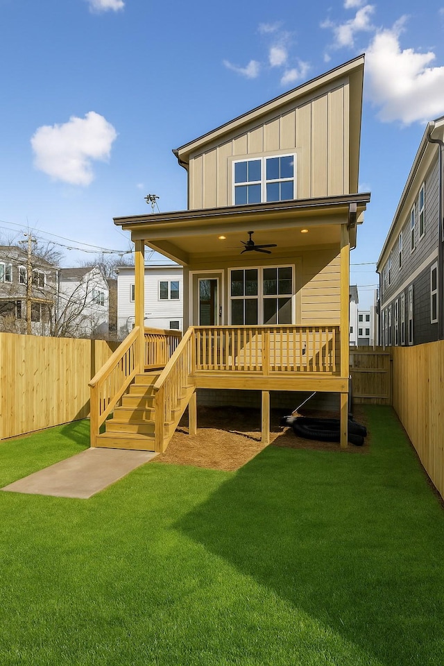1734B Kellow St, Nashville, TN 37208 - rear view of house featuring board and batten siding, a ceiling fan, a wooden deck, and stairs
