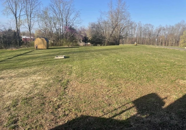 view of yard featuring a storage shed and an outdoor structure