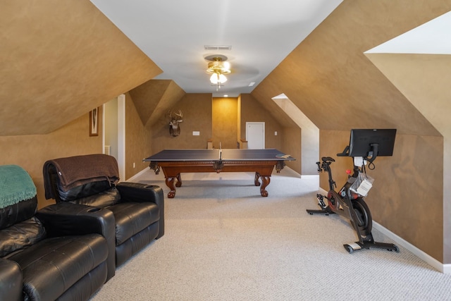 rec room featuring visible vents, vaulted ceiling, carpet floors, baseboards, and billiards