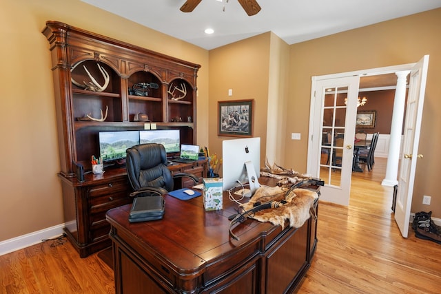 office space featuring baseboards, light wood-type flooring, a ceiling fan, recessed lighting, and french doors