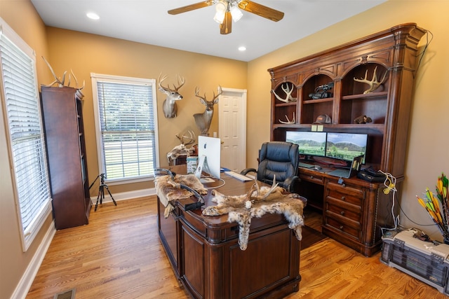 home office with recessed lighting, ceiling fan, light wood finished floors, and baseboards