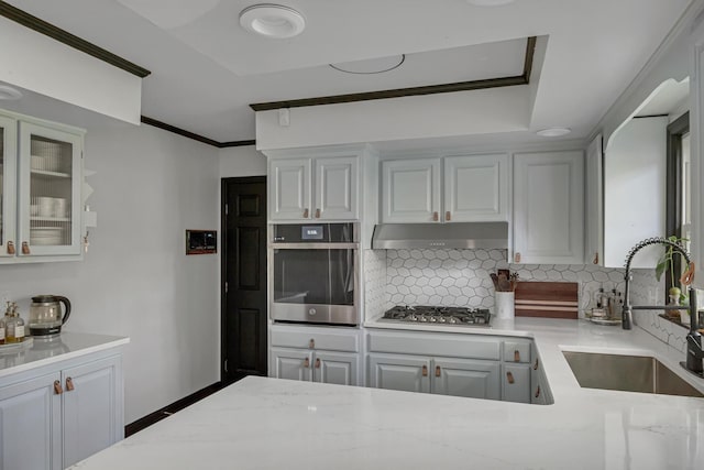 kitchen with stainless steel appliances, under cabinet range hood, a sink, and light stone counters