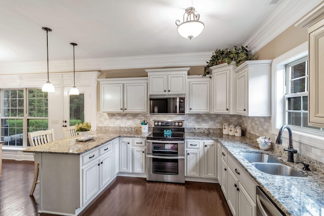 kitchen featuring crown molding, dark wood finished floors, a peninsula, a sink, and stainless steel appliances