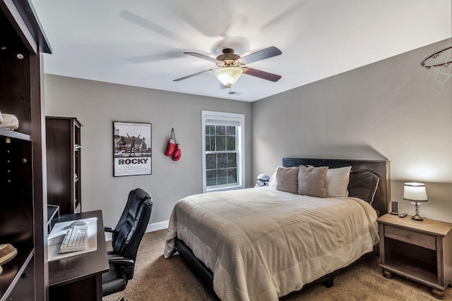 carpeted bedroom with ceiling fan, baseboards, and visible vents