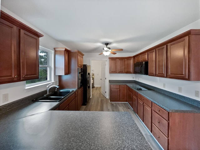 kitchen featuring light wood-style floors, ceiling fan, black appliances, a sink, and dark countertops