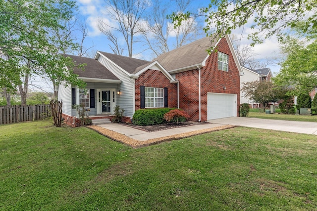 1007 Whitley Pl, Hendersonville, TN 37075 - view of front of home featuring concrete driveway, a front lawn, an attached garage, brick siding, and fence