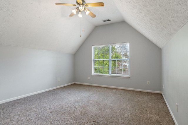 1007 Whitley Pl, Hendersonville, TN 37075 - bonus room with vaulted ceiling, a textured ceiling, carpet floors, visible vents, and ceiling fan